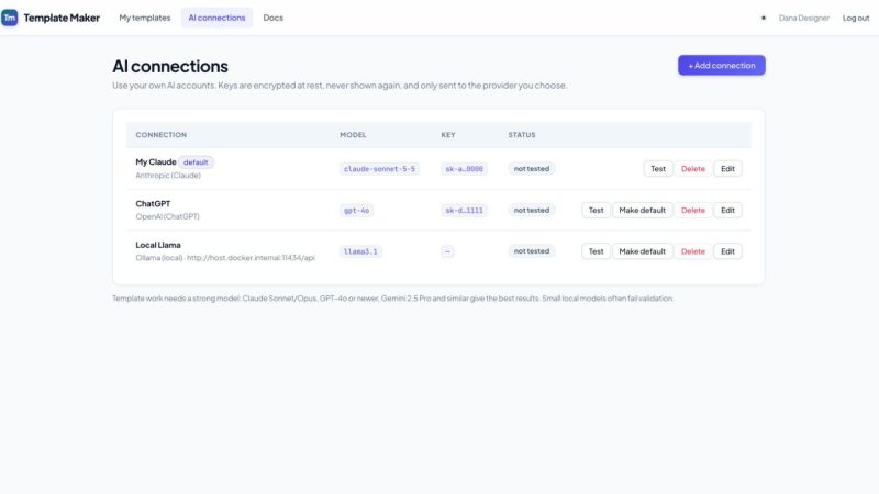 The AI connections page in CVolve Template Maker, with a Claude, a ChatGPT and a local Ollama connection