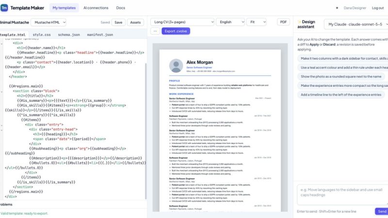The CVolve Template Maker studio with a Mustache template in the editor, an A4 preview and the design assistant