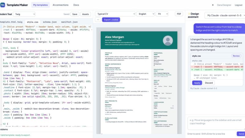 The CVolve Template Maker studio: code editor on the left, live A4 preview in the middle and the AI design assistant proposing a change