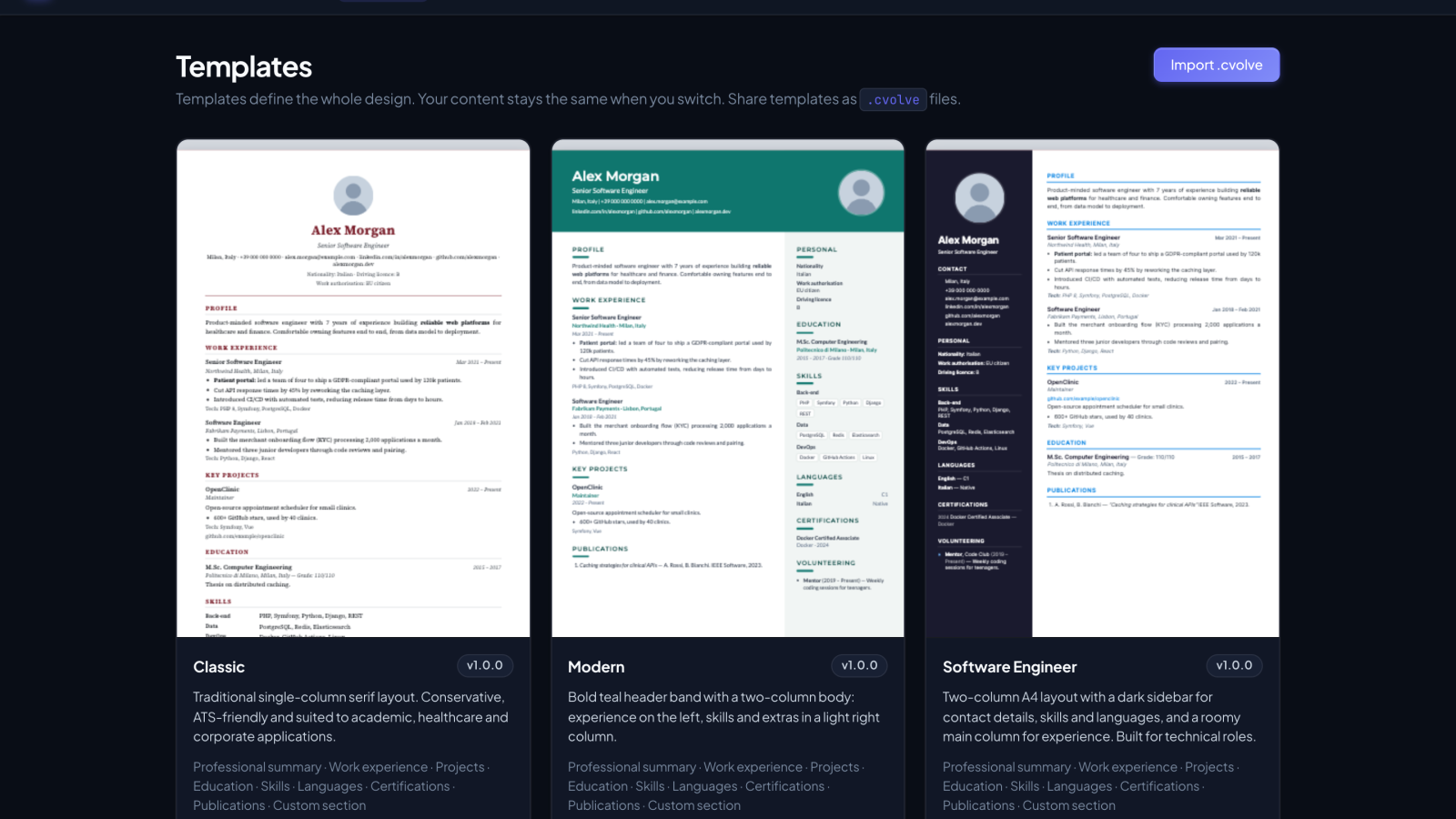 The CVolve templates page with three CV designs: Classic, Modern and Software Engineer