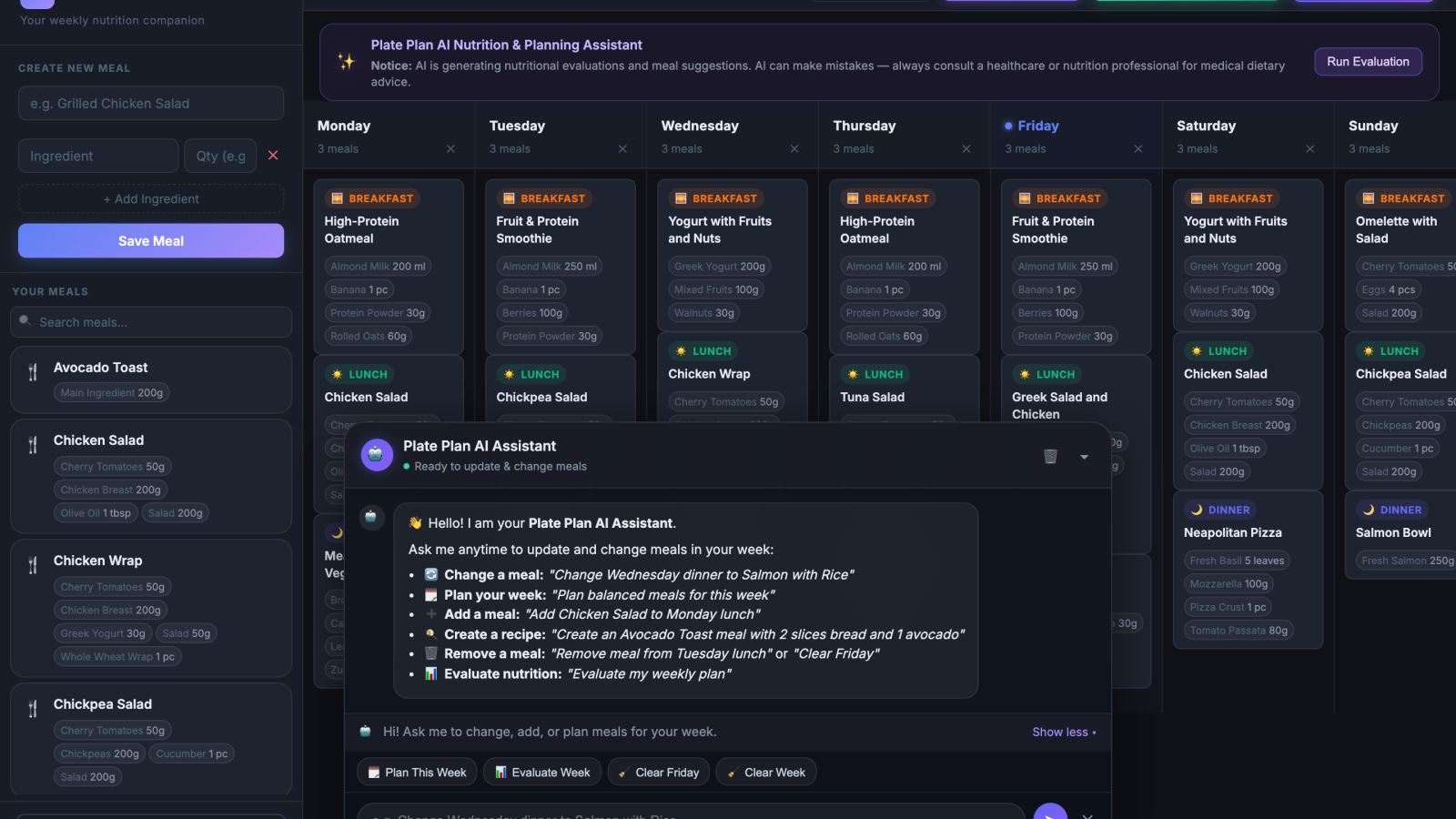 The Plate Plan weekly planner with the AI assistant open, listing what it can change in the week