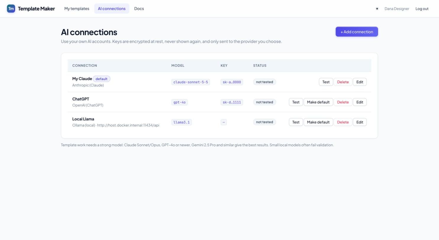 The AI connections page in CVolve Template Maker, with a Claude, a ChatGPT and a local Ollama connection