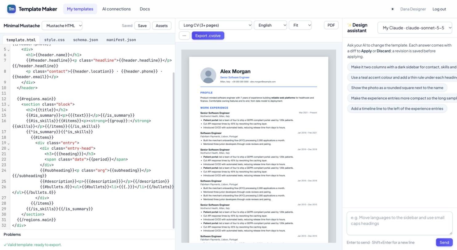 The CVolve Template Maker studio with a Mustache template in the editor, an A4 preview and the design assistant