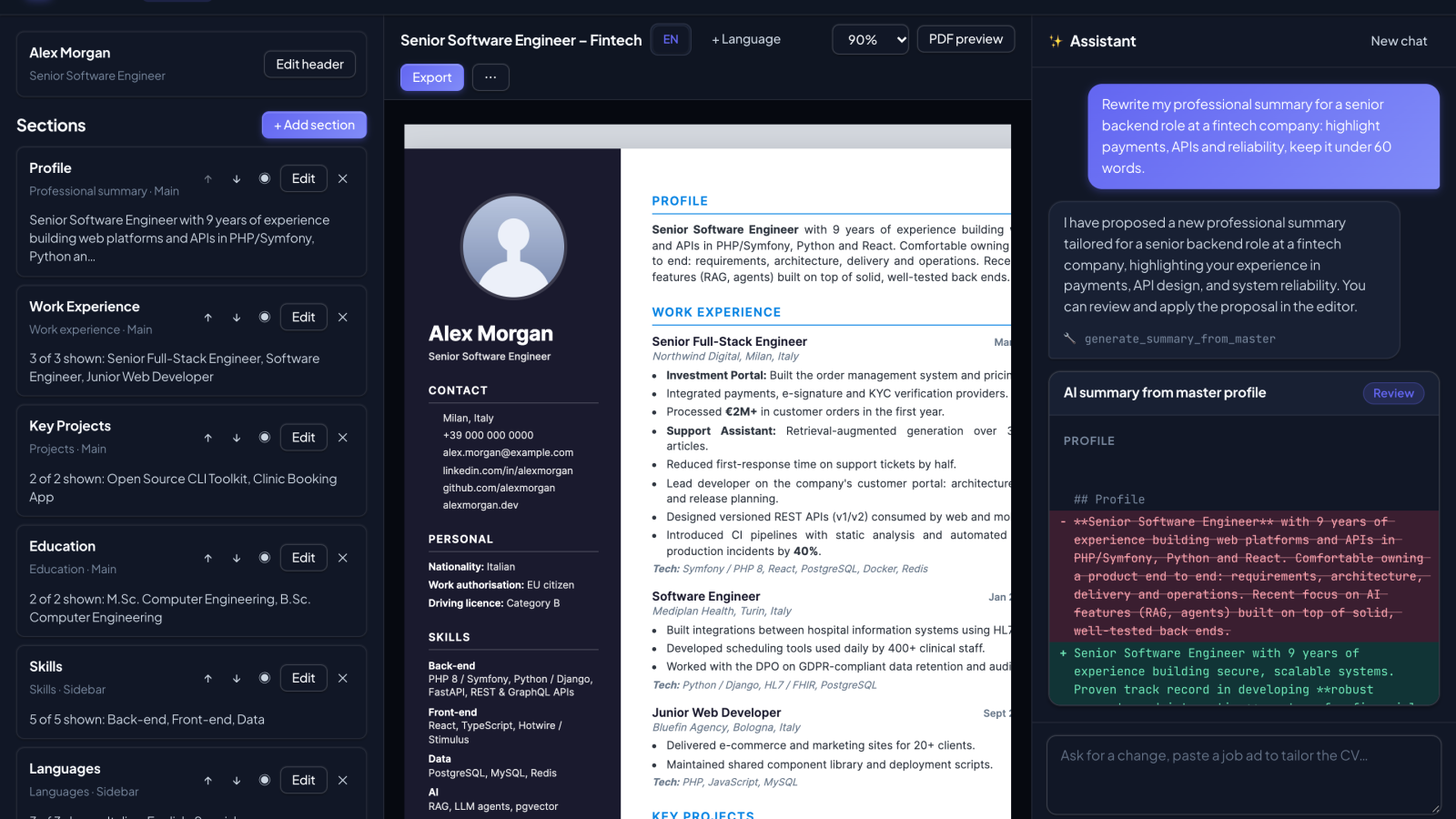 The CVolve editor: CV sections on the left, a live A4 preview in the middle and the AI assistant proposing a change on the right
