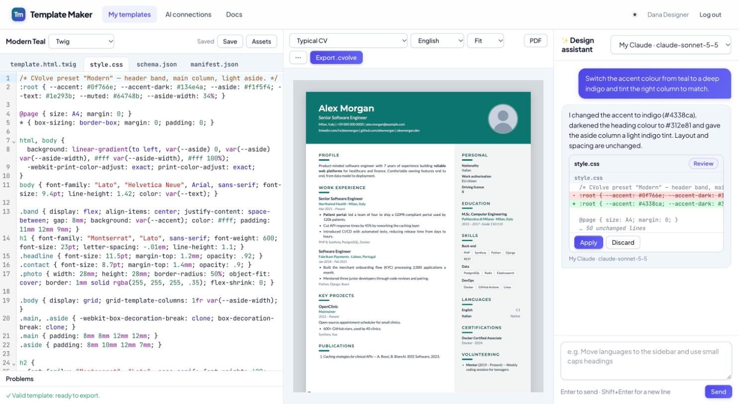 The CVolve Template Maker studio: code editor on the left, live A4 preview in the middle and the AI design assistant proposing a change